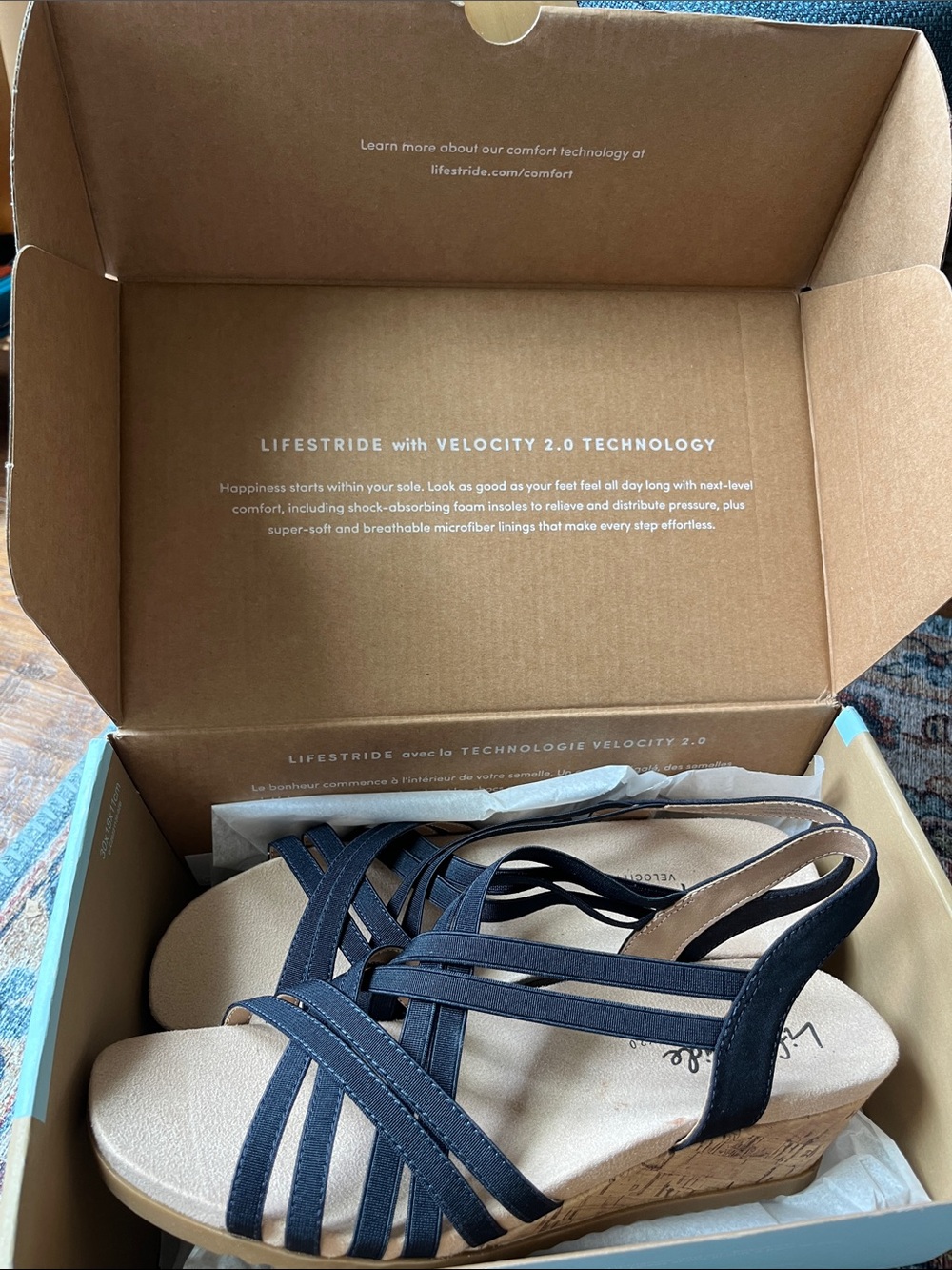 New In Box Lifestride Stellar dark navy  Elastic straps cork wedge 10m
